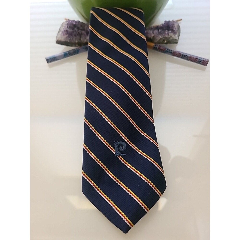Pierre Cardin Tie PC Logo Mens Navy Yellow Stripe Mint Vtg Work Mens Wear